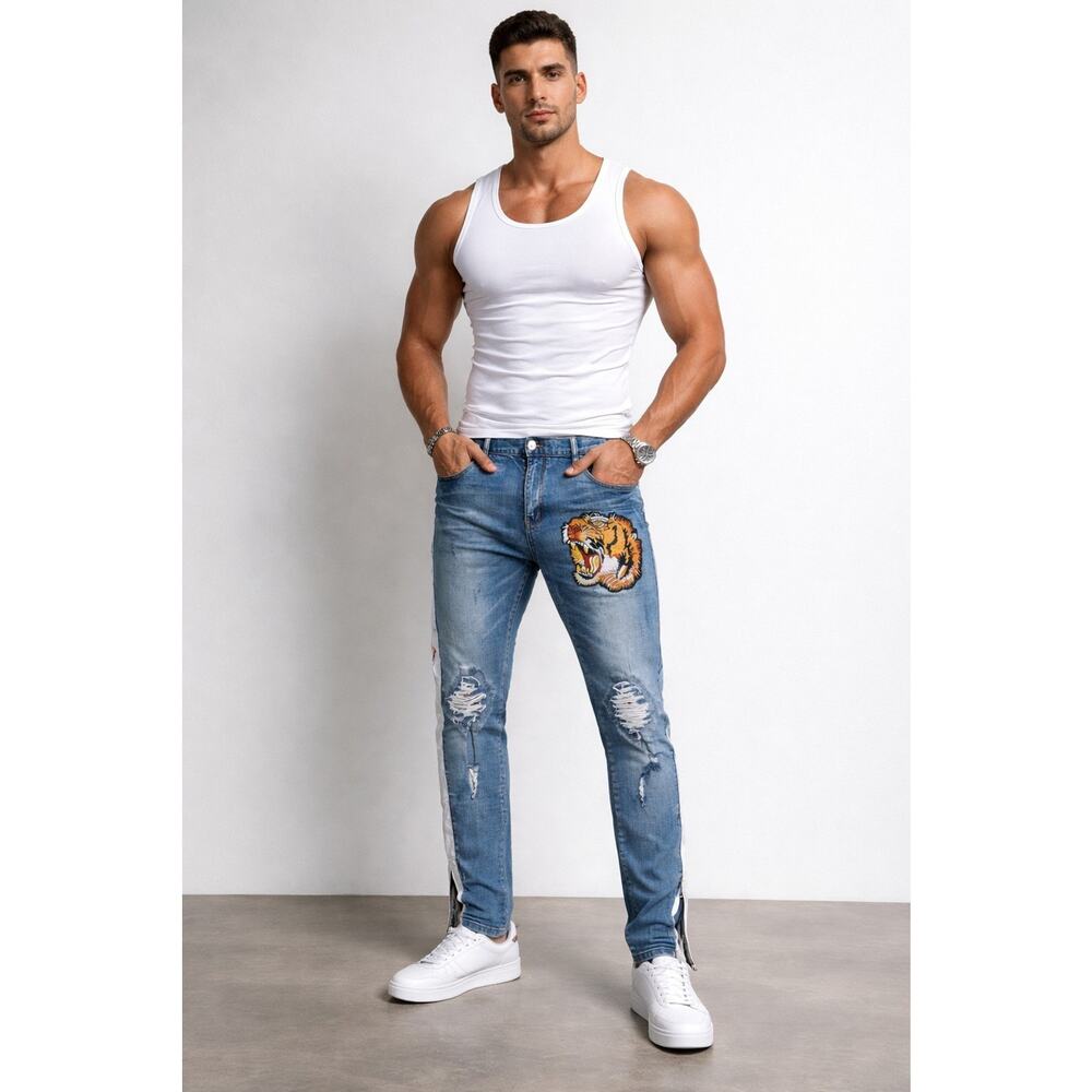 Damati Embroidered Tiger Design Denim Jeans Pocket size 36 straight leg